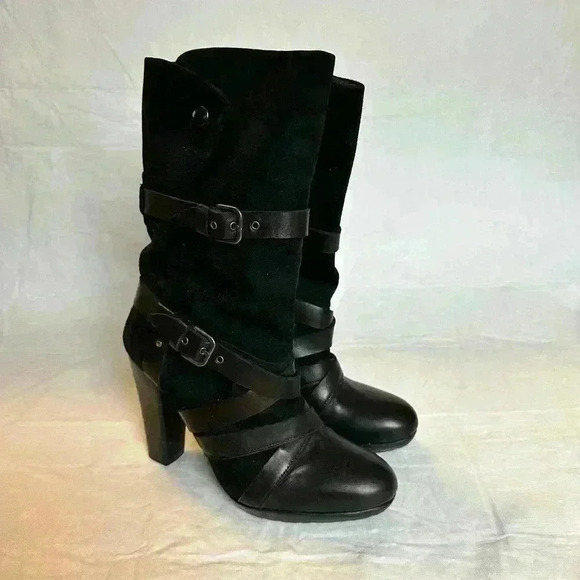 Stuart Weitzman Wraparound Black Leather Suede Strap Boots - Picture 2 of 12